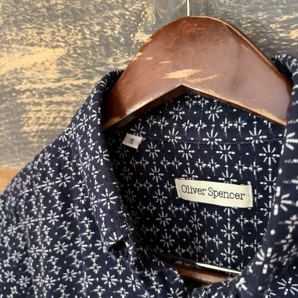Oliver Spencer Club Collar Button Up Shirt Blue Geometric Print Mens Size Small - Picture 4 of 7